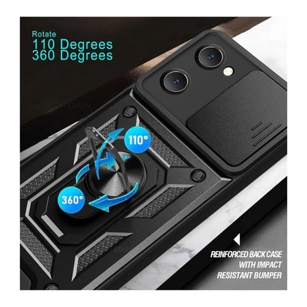 Vivo Y18 Uyumlu Tank Kılıf - Yüzüklü Standlı Extra Darbe Koruma Zırhlı Outdoor Kapak - Siyah