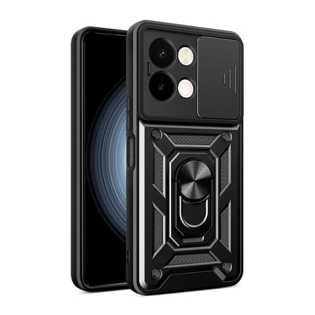 Vivo Y28 Uyumlu Tank Kılıf - Yüzüklü Standlı Extra Darbe Koruma Zırhlı Outdoor Kapak - Siyah