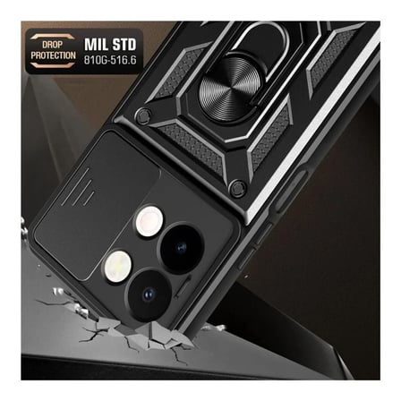 Vivo Y28 Uyumlu Tank Kılıf - Yüzüklü Standlı Extra Darbe Koruma Zırhlı Outdoor Kapak - Siyah