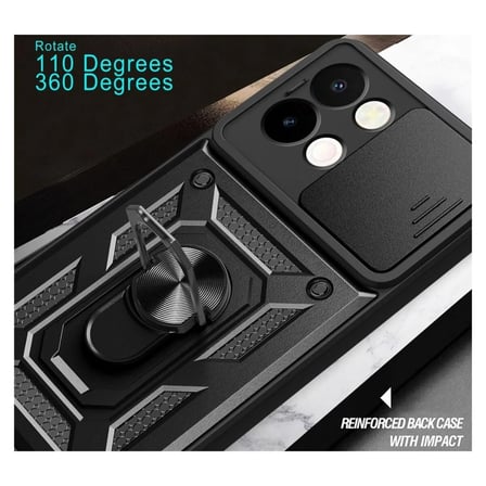 Vivo Y28 Uyumlu Tank Kılıf - Yüzüklü Standlı Extra Darbe Koruma Zırhlı Outdoor Kapak - Siyah