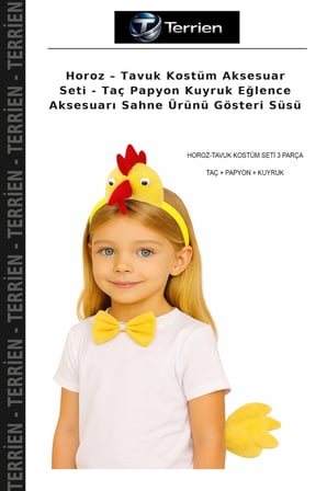 Horoz – Tavuk Kostüm Aksesuar Seti - Taç Papyon Kuyruk Eğlence Aksesuarı Sahne Ürünü Gösteri Süsü