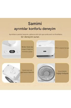 HR001 Çift Kafalı Vntilatör Otomatik Salınımlı Şarjlı Masaüstü ve Duvara Asılabilir Fan Serinletici Led Işıklı Mini Klima