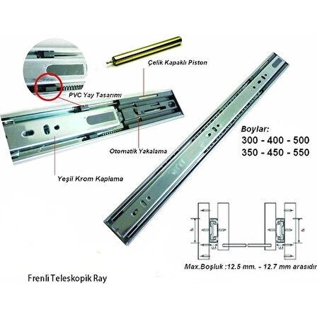 Broth Bilyeli Frenli Teleskopik Çekmece Rayı H43Mm Boy 300mm