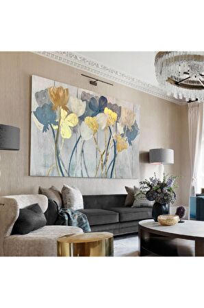 Çiçek Tablosu Gri Tabanlı Gold/lacivert Çiçek