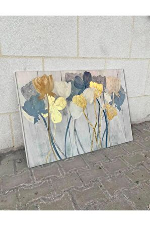 Çiçek Tablosu Gri Tabanlı Gold/lacivert Çiçek