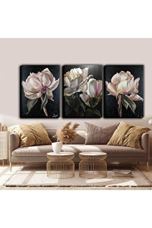 Beyaz Çiçek Siyah Arka Fon Kombini Set Kanvas Tablo Harikabirev ( Siyah- Beyaz)