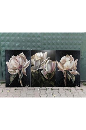 Beyaz Çiçek Siyah Arka Fon Kombini Set Kanvas Tablo Harikabirev ( Siyah- Beyaz)