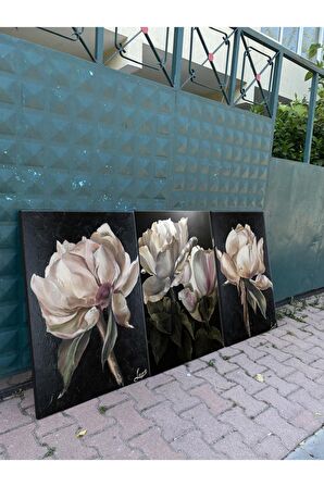 Beyaz Çiçek Siyah Arka Fon Kombini Set Kanvas Tablo Harikabirev ( Siyah- Beyaz)