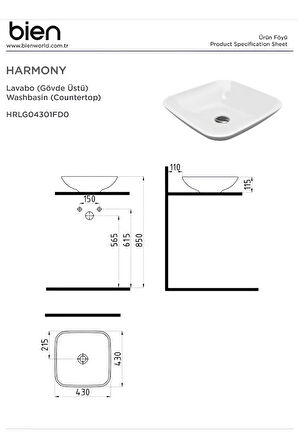 Harmony 43 Cm Gövde Üstü Lavabo Batarya Deliksiz Taşma Kanalsız