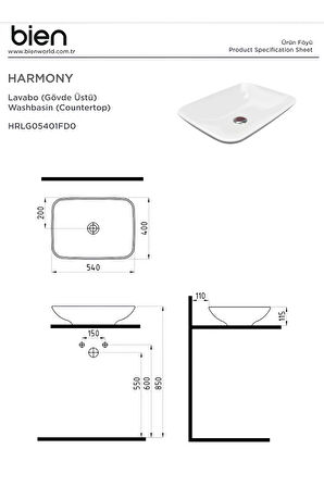 Harmony 54 Cm Gövde Üstü Lavabo Batarya Deliksiz Taşma Kanalsız