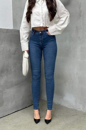 Kadın Orta Mavi Yüksek Bel Skinny Jean Pantolon Dar Paça Toparlayıcı Esnek Denim Kot