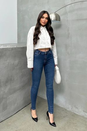 Kadın Orta Mavi Yüksek Bel Skinny Jean Pantolon Dar Paça Toparlayıcı Esnek Denim Kot