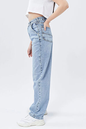 Buz Mavi Premium  Ayarlanabilir Tokalı Baggy Jeans