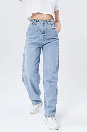 Buz Mavi Premium  Ayarlanabilir Tokalı Baggy Jeans