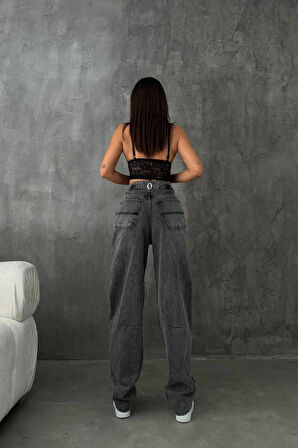 Füme Premium Yıkamalı Kemerli Baggy Jeans