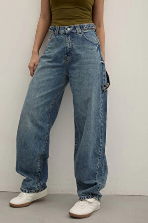 Tint Blue Premium Yıkamalı Kemerli Baggy Jeans