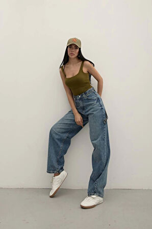 Tint Blue Premium Yıkamalı Kemerli Baggy Jeans