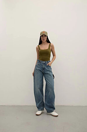 Tint Blue Premium Yıkamalı Kemerli Baggy Jeans
