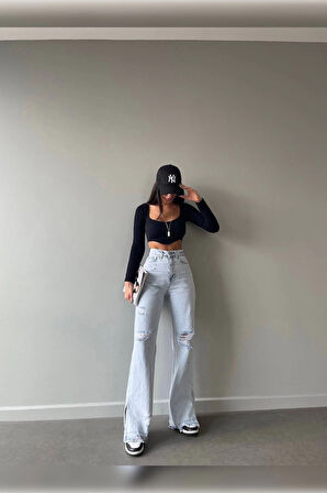 Buz Mavi Lazer Detaylı Premium Yıkamalı Wide Leg Jeans
