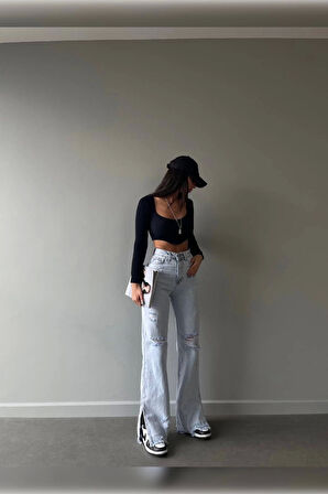 Buz Mavi Lazer Detaylı Premium Yıkamalı Wide Leg Jeans
