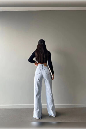 Buz Mavi Lazer Detaylı Premium Yıkamalı Wide Leg Jeans