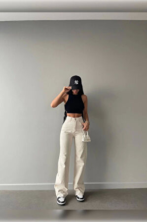 Bej Premium Yıkamalı Wide Leg Jeans