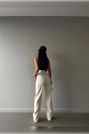 Bej Premium Yıkamalı Wide Leg Jeans