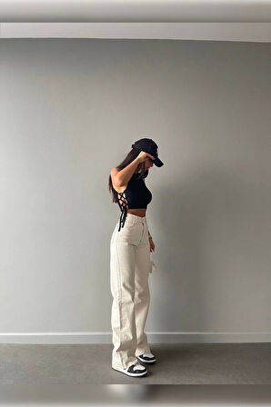 Bej Premium Yıkamalı Wide Leg Jeans
