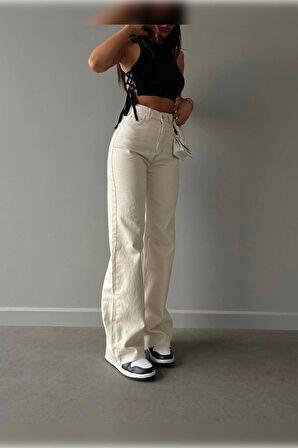 Bej Premium Yıkamalı Wide Leg Jeans