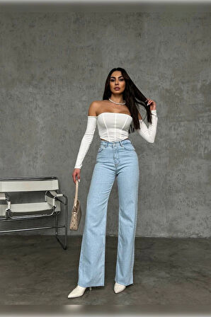 Ice Blue Premium Yıkamalı Wide Leg Jeans