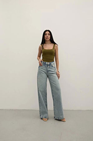 Premium Yıkamalı Wide Leg Jeans