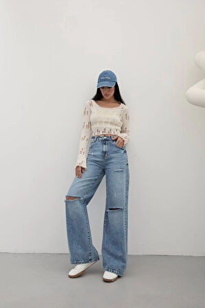 Premium Yıkamalı Wide Leg Jeans