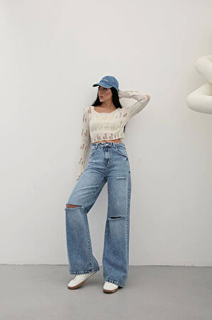 Premium Yıkamalı Wide Leg Jeans