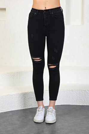 Füme Diz Yırtık Yüksek Bel Pantolon Skinny Jeans