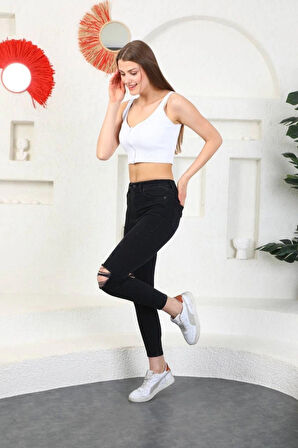 Füme Diz Yırtık Yüksek Bel Pantolon Skinny Jeans