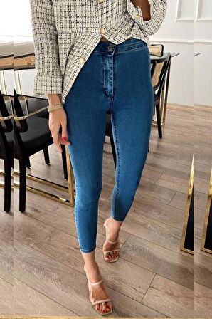 Indigo Mavi Yüksek Bel Skinny Fit Jean Likralı Önü Cepsiz Tayt Pantolon