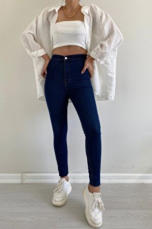 Dark Blue Yüksek Bel Skinny Fit Jean Likralı Önü Cepsiz Tayt Pantolon