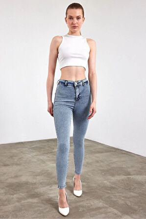 Kar Yıkama Yüksek Bel Skinny Fit Jean Likralı Önü Cepsiz Tayt Pantolon
