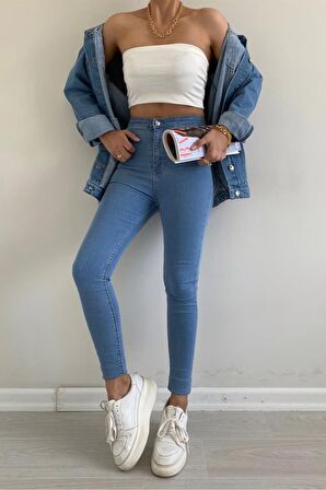 Açık Mavi Yüksek Bel Skinny Fit Jean Likralı Önü Cepsiz Tayt Pantolon