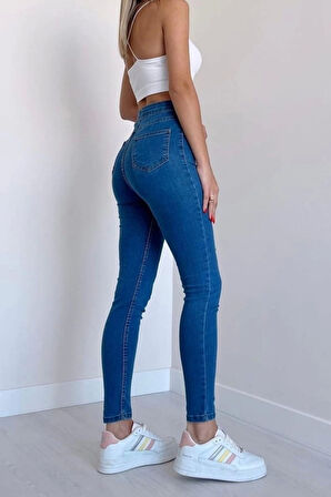 Açık Mavi Yüksek Bel Skinny Fit Jean Likralı Önü Cepsiz Tayt Pantolon