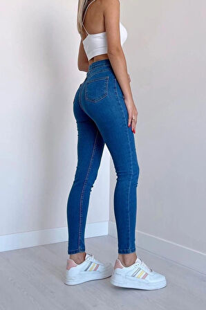 Açık Mavi Yüksek Bel Skinny Fit Jean Likralı Önü Cepsiz Tayt Pantolon