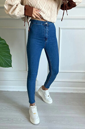 Mavi Yüksek Bel Skinny Fit Jean Likralı Önü Cepsiz Tayt Pantolon
