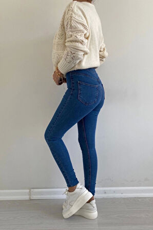 Mavi Yüksek Bel Skinny Fit Jean Likralı Önü Cepsiz Tayt Pantolon