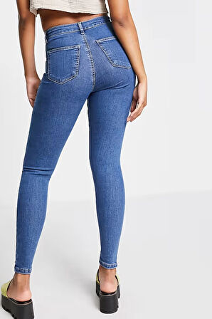 Yırtık Mavi Yüksek Bel Skinny Fit Jean Likralı Önü Cepsiz Tayt Pantolon