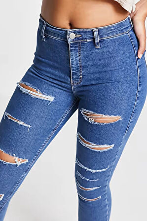 Yırtık Mavi Yüksek Bel Skinny Fit Jean Likralı Önü Cepsiz Tayt Pantolon