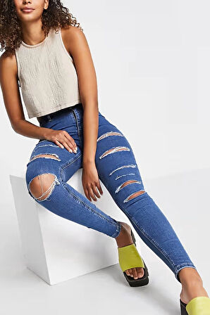 Yırtık Mavi Yüksek Bel Skinny Fit Jean Likralı Önü Cepsiz Tayt Pantolon