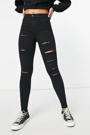 Yırtık Siyah Yüksek Bel Skinny Fit Jean Likralı Cepsiz Tayt Pantolon