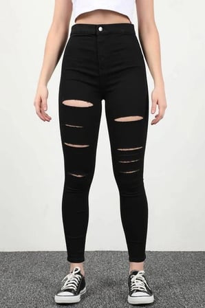 Yırtık Siyah Yüksek Bel Skinny Fit Jean Likralı Cepsiz Tayt Pantolon