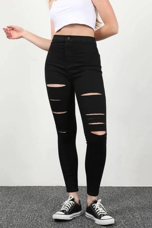 Yırtık Siyah Yüksek Bel Skinny Fit Jean Likralı Cepsiz Tayt Pantolon