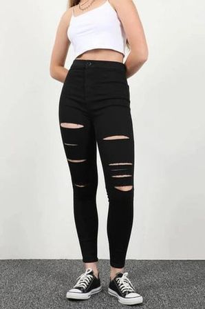Yırtık Siyah Yüksek Bel Skinny Fit Jean Likralı Cepsiz Tayt Pantolon